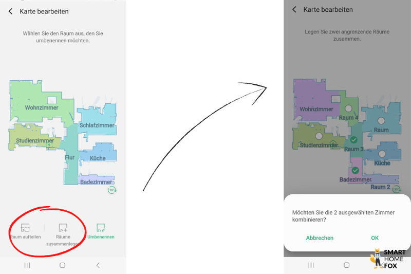 Räume werden in der SmartThings App des Samsung Jet Bot AI+ geteilt bzw. zusammengeführt.